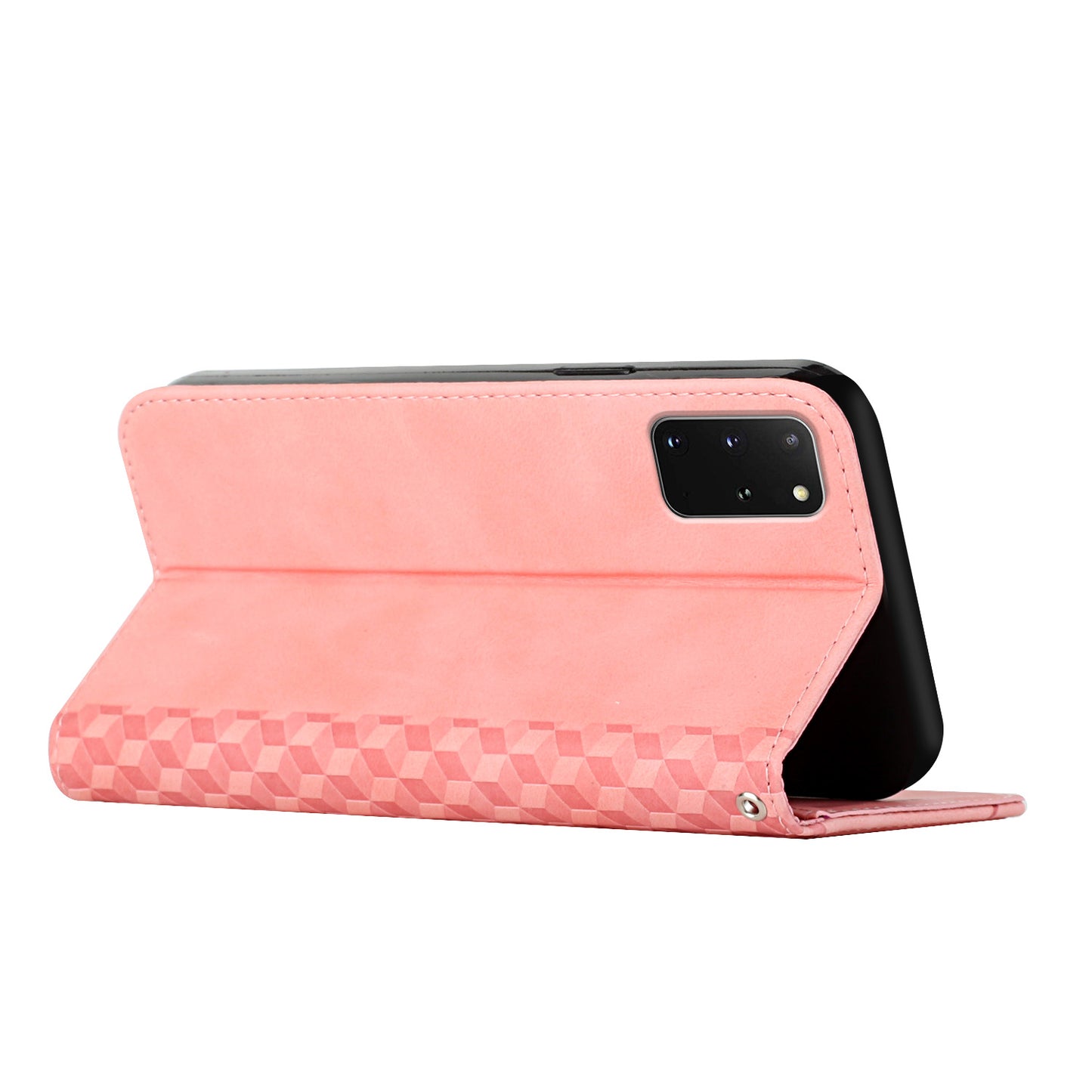 Auto-absorbed Skin-touch Feeling Rhombus Imprint Leather Cover Cell Phone Case with Stand Wallet Design for Samsung Galaxy S20 Plus - Rose Gold