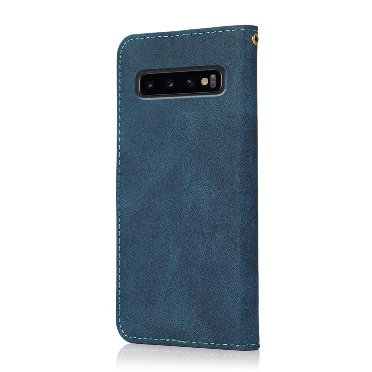 Color Splicing Design Leather Wallet Cell Phone Stand Cover Case with Lanyard for Samsung Galaxy S10 Plus - Blue/Green