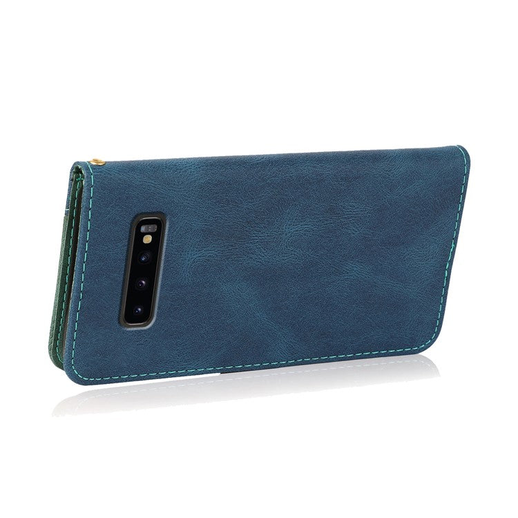 Color Splicing Design Leather Wallet Cell Phone Stand Cover Case with Lanyard for Samsung Galaxy S10 Plus - Blue/Green