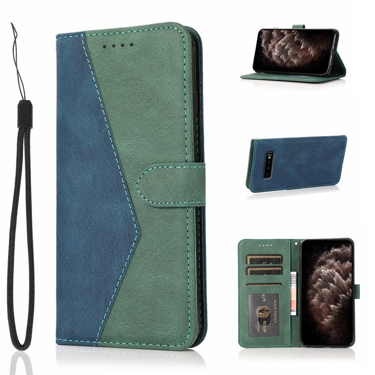 Color Splicing Design Leather Wallet Cell Phone Stand Cover Case with Lanyard for Samsung Galaxy S10 Plus - Blue/Green