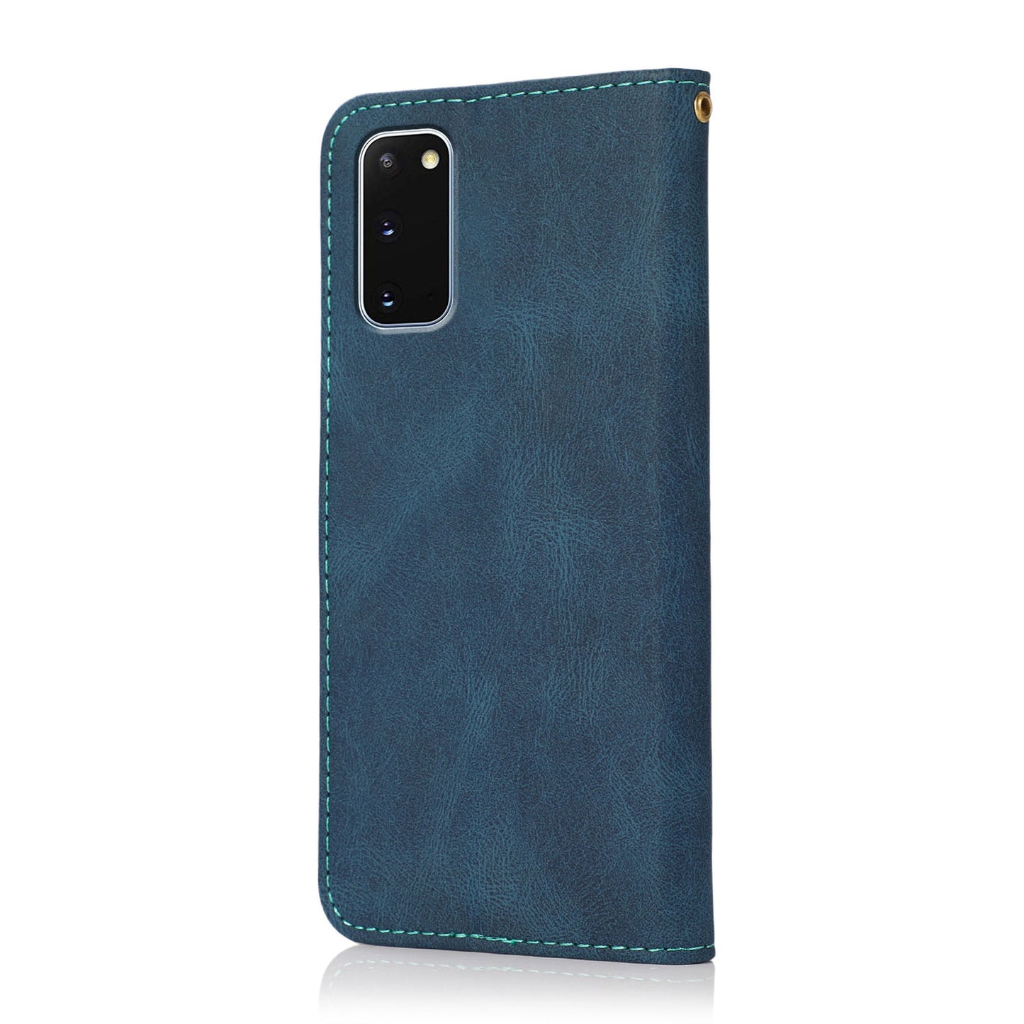 Color Splicing Design PU Leather Cell Phone Full-Protection Wallet Stand Case Shell with Lanyard for Samsung Galaxy S20 4G/S20 5G - Blue/Green