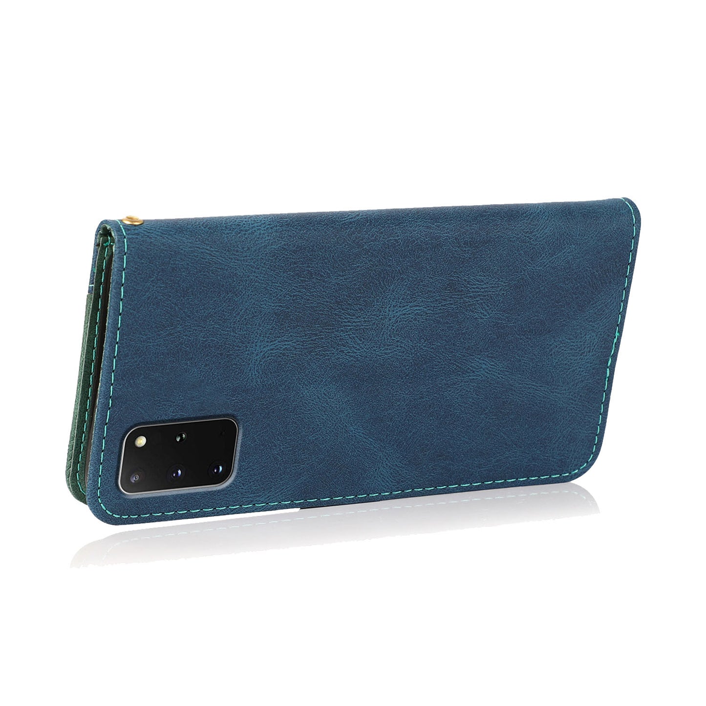 All-Round Protection Dual Color Anti-Drop Wallet Stand Design Leather Phone Case with Handy Strap for Samsung Galaxy S20 Plus 4G/5G - Blue/Green
