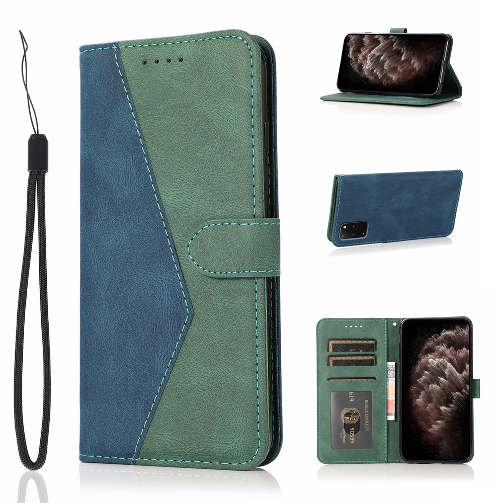 All-Round Protection Dual Color Anti-Drop Wallet Stand Design Leather Phone Case with Handy Strap for Samsung Galaxy S20 Plus 4G/5G - Blue/Green