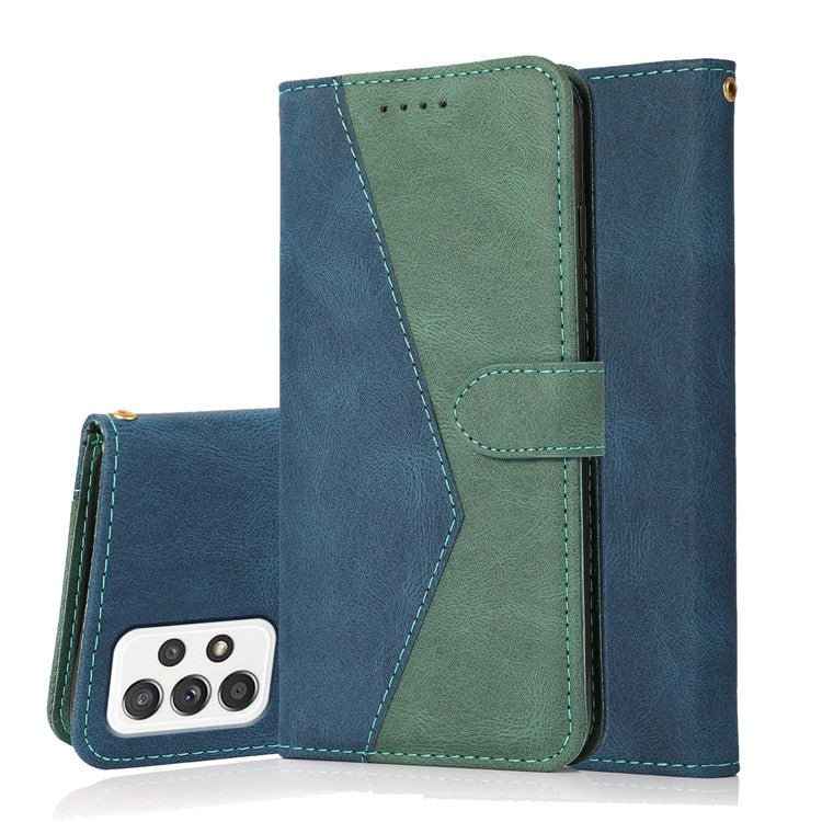 Shockproof Bi-color Splicing Stand Wallet Case Leather Shell for Samsung Galaxy A52s 5G/A52 4G/5G - Blue/Green