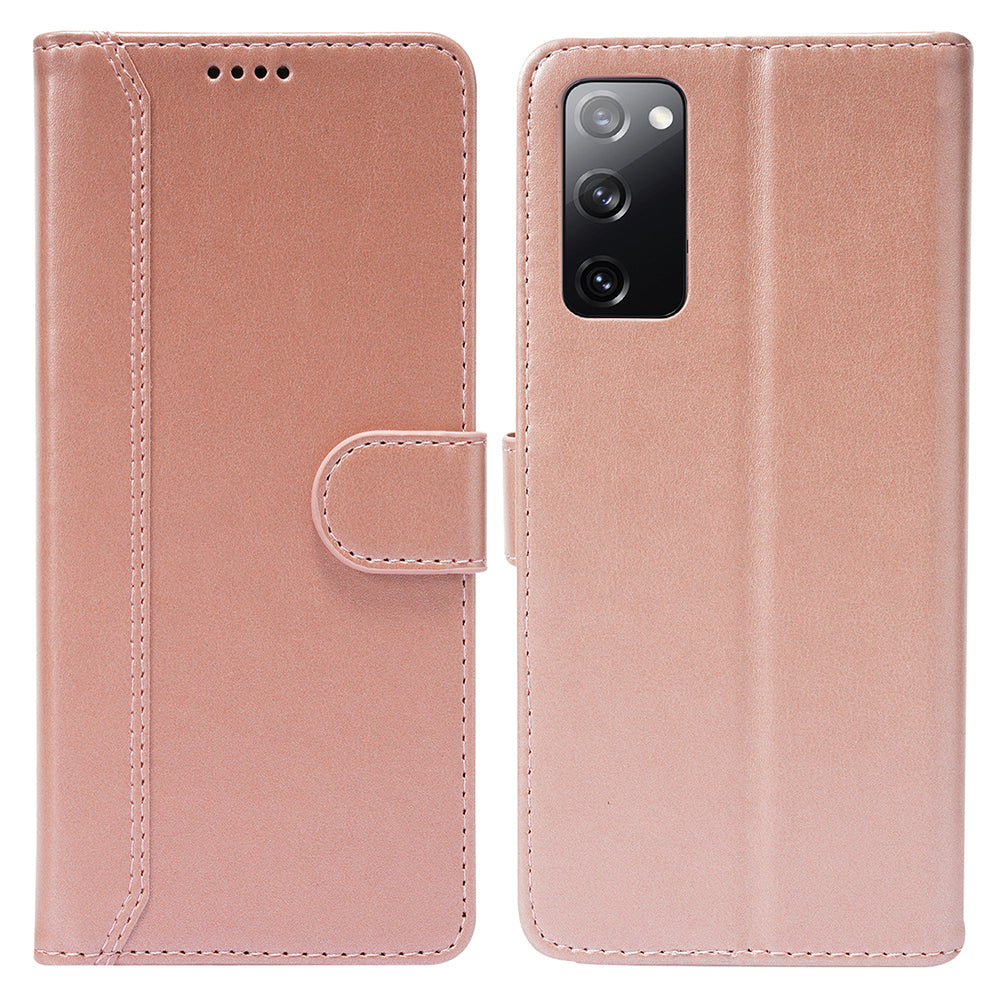 Magnetic Clasp Wallet Stand Splicing PU Leather Case Shell for Samsung Galaxy S20 FE 2022/S20 FE 4G/S20 FE 5G/S20 Lite - Rose Gold