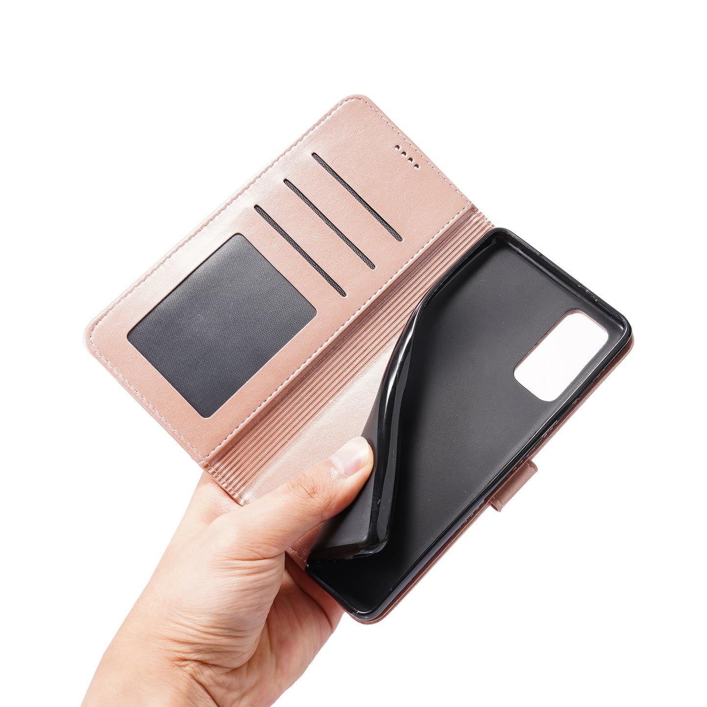 Magnetic Clasp Wallet Stand Splicing PU Leather Case Shell for Samsung Galaxy S20 FE 2022/S20 FE 4G/S20 FE 5G/S20 Lite - Rose Gold