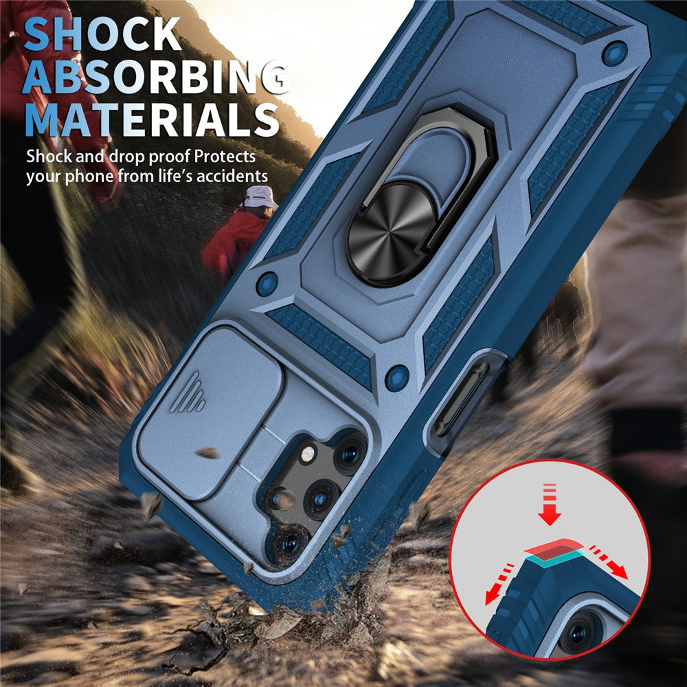 Slide Camera Protector PC + TPU Phone Case Shell with Kickstand and Card Slot for Samsung Galaxy A32 5G/M32 5G - Blue