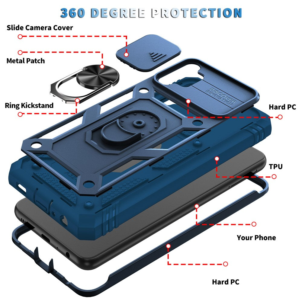 Slide Camera Protector PC + TPU Phone Case Shell with Kickstand and Card Slot for Samsung Galaxy A32 5G/M32 5G - Blue