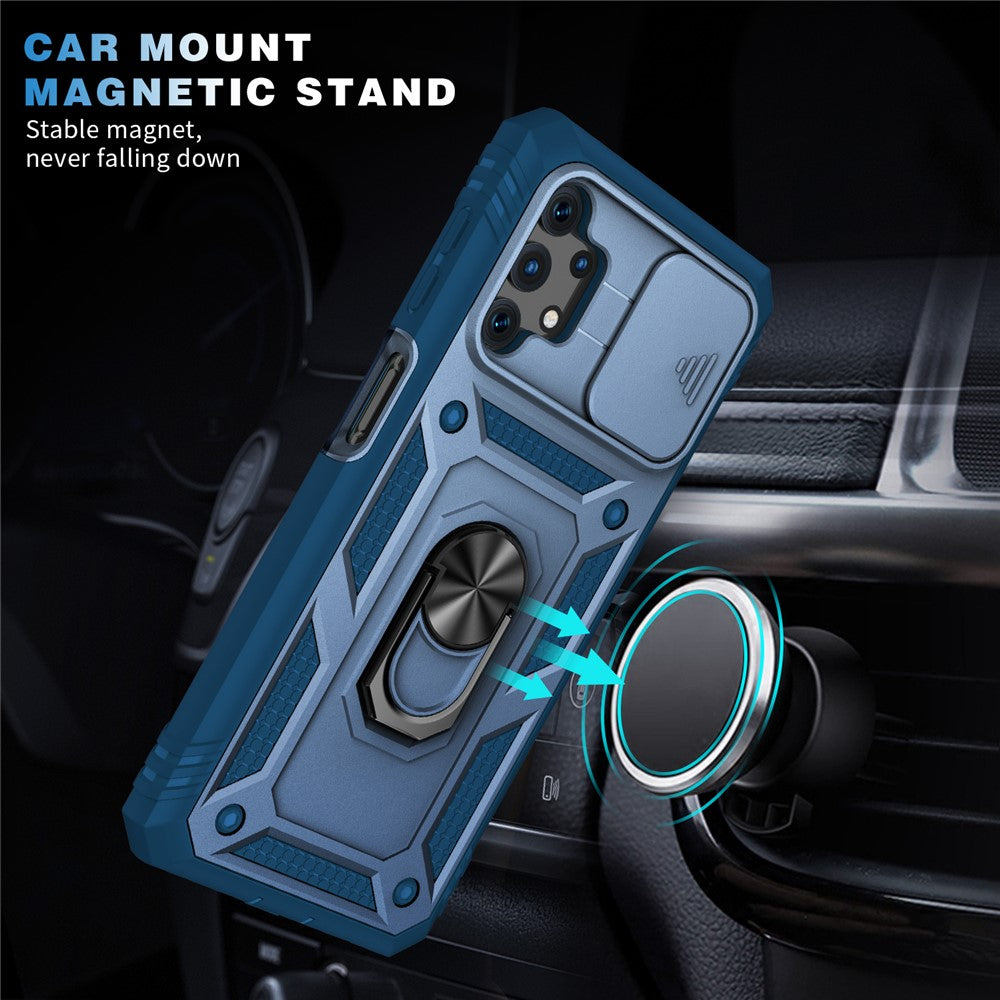 Slide Camera Protector PC + TPU Phone Case Shell with Kickstand and Card Slot for Samsung Galaxy A32 5G/M32 5G - Blue