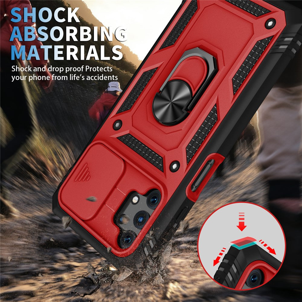 Slide Camera Protector PC + TPU Phone Case Shell with Kickstand and Card Slot for Samsung Galaxy A32 5G/M32 5G - Red/Black