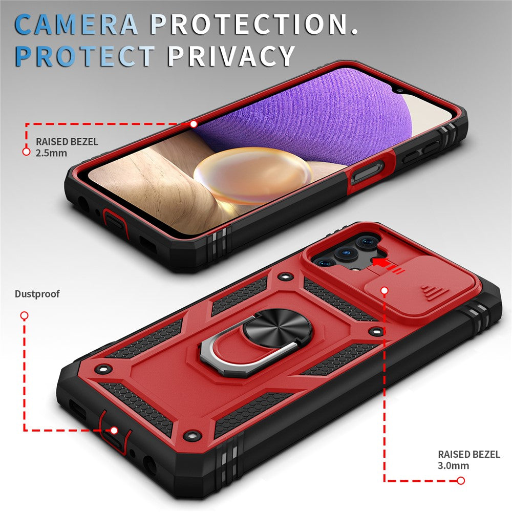 Slide Camera Protector PC + TPU Phone Case Shell with Kickstand and Card Slot for Samsung Galaxy A32 5G/M32 5G - Red/Black