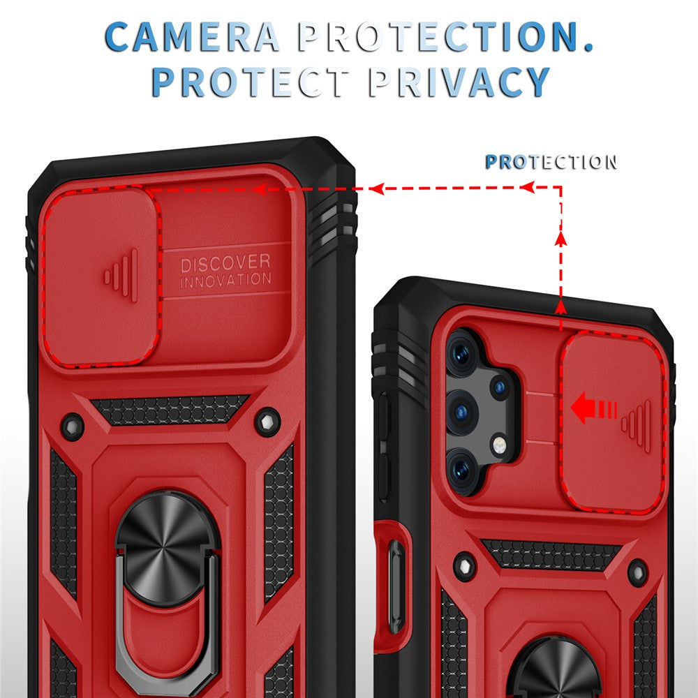 Slide Camera Protector PC + TPU Phone Case Shell with Kickstand and Card Slot for Samsung Galaxy A32 5G/M32 5G - Red/Black