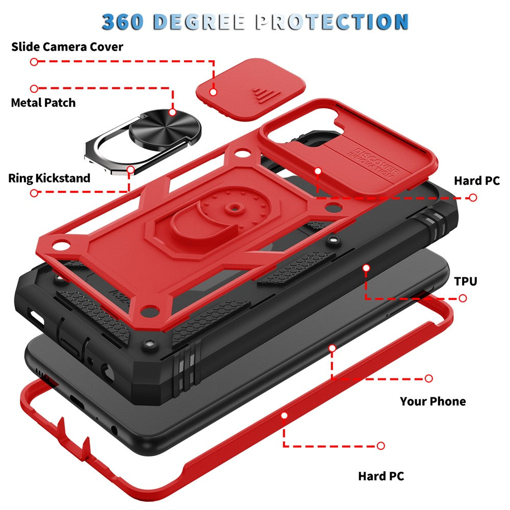 Slide Camera Protector PC + TPU Phone Case Shell with Kickstand and Card Slot for Samsung Galaxy A32 5G/M32 5G - Red/Black
