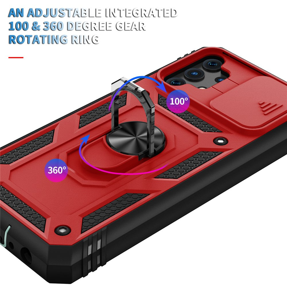 Slide Camera Protector PC + TPU Phone Case Shell with Kickstand and Card Slot for Samsung Galaxy A32 5G/M32 5G - Red/Black