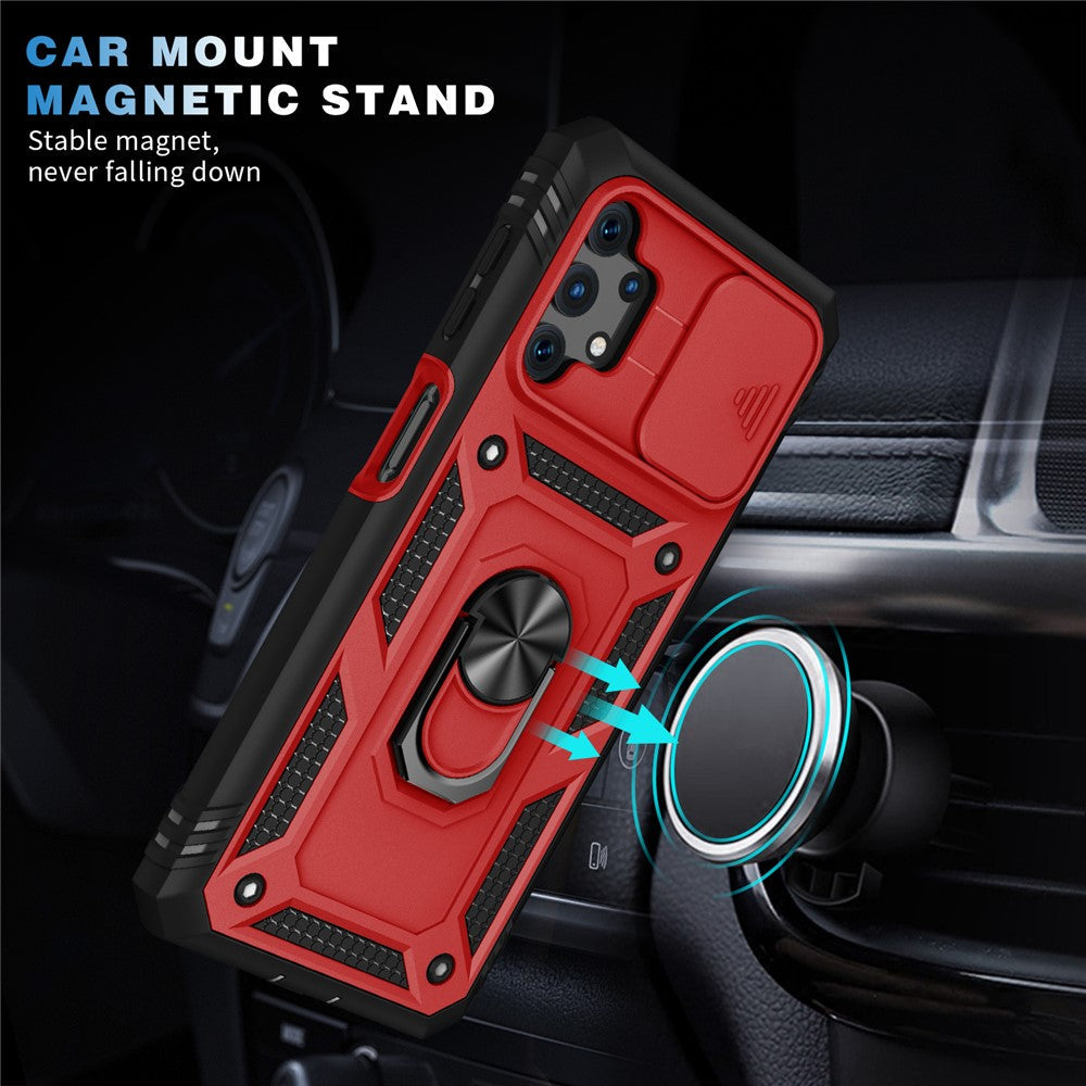 Slide Camera Protector PC + TPU Phone Case Shell with Kickstand and Card Slot for Samsung Galaxy A32 5G/M32 5G - Red/Black