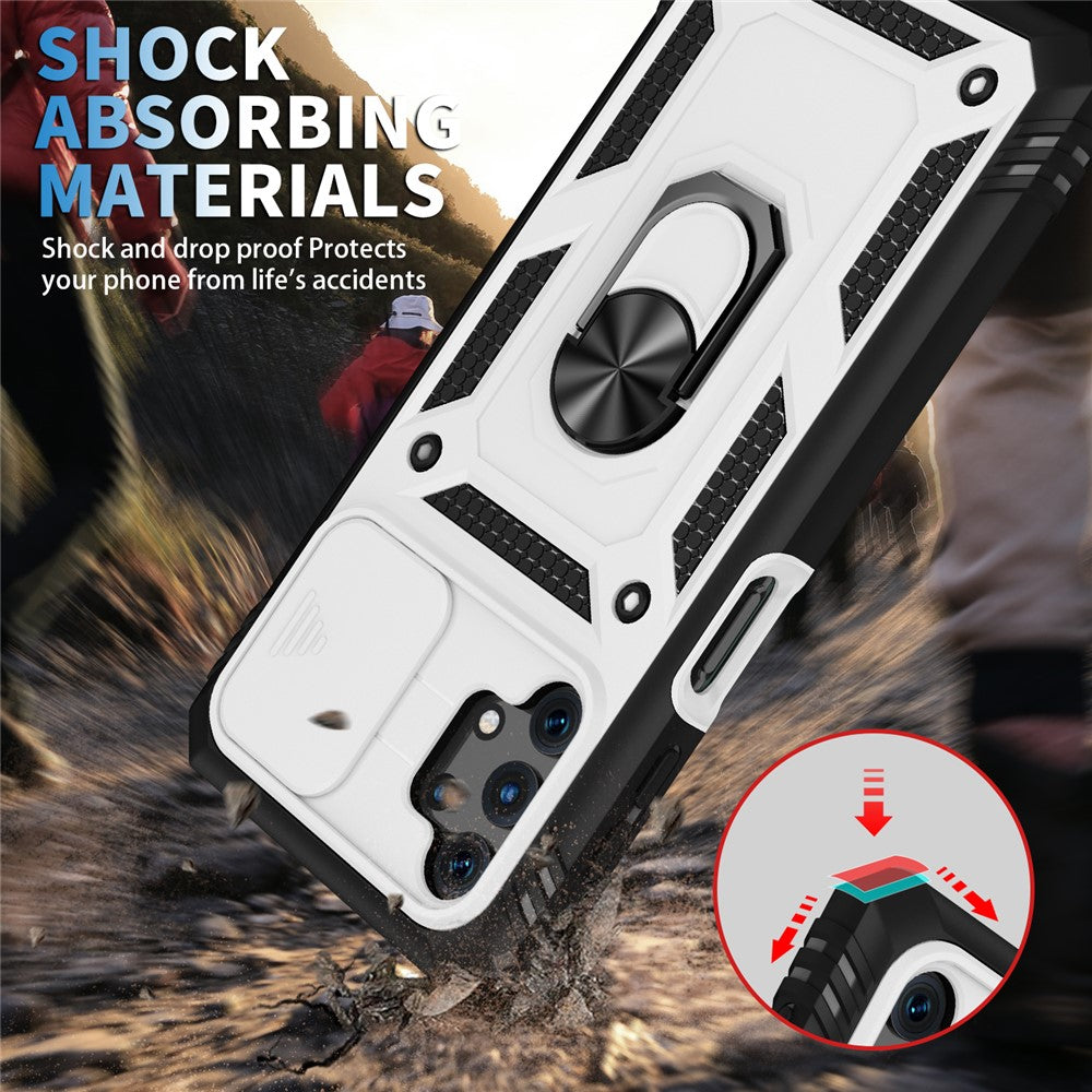 Slide Camera Protector PC + TPU Phone Case Shell with Kickstand and Card Slot for Samsung Galaxy A32 5G/M32 5G - White/Black