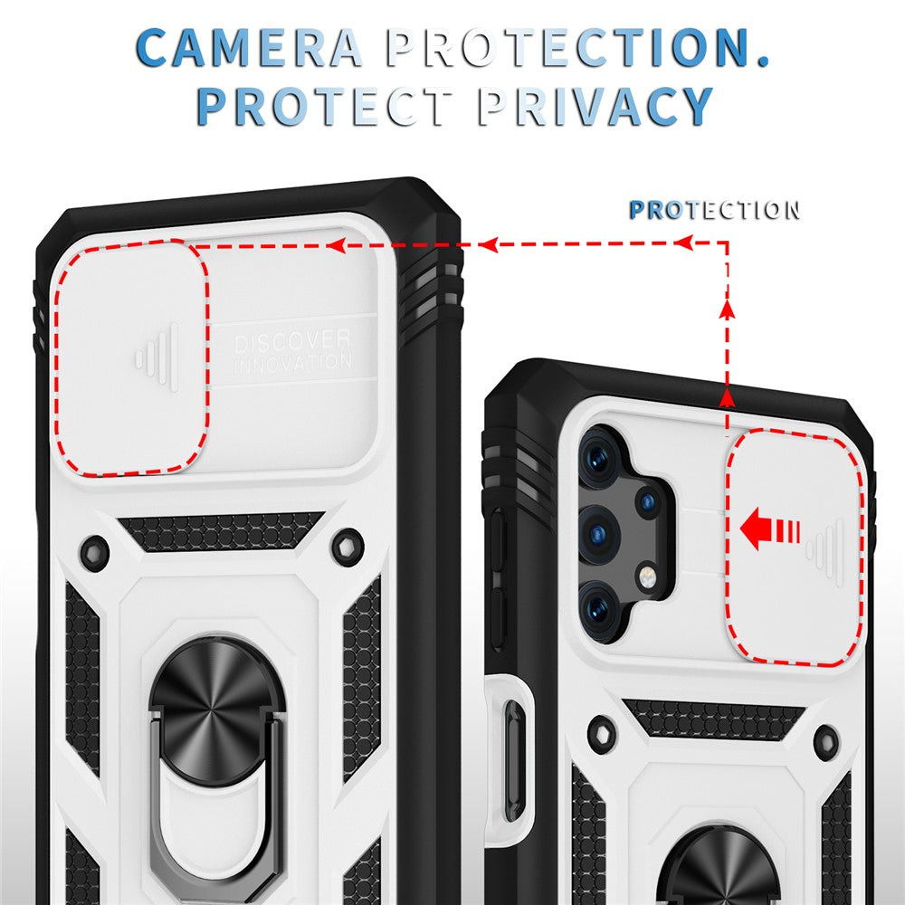 Slide Camera Protector PC + TPU Phone Case Shell with Kickstand and Card Slot for Samsung Galaxy A32 5G/M32 5G - White/Black