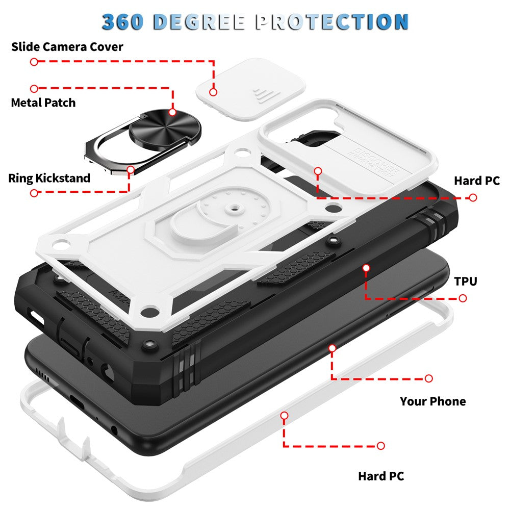 Slide Camera Protector PC + TPU Phone Case Shell with Kickstand and Card Slot for Samsung Galaxy A32 5G/M32 5G - White/Black