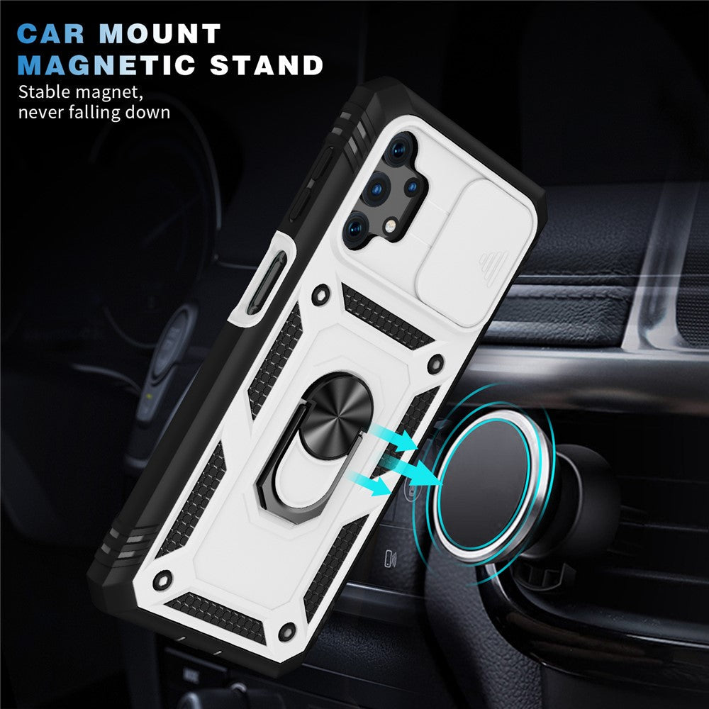 Slide Camera Protector PC + TPU Phone Case Shell with Kickstand and Card Slot for Samsung Galaxy A32 5G/M32 5G - White/Black