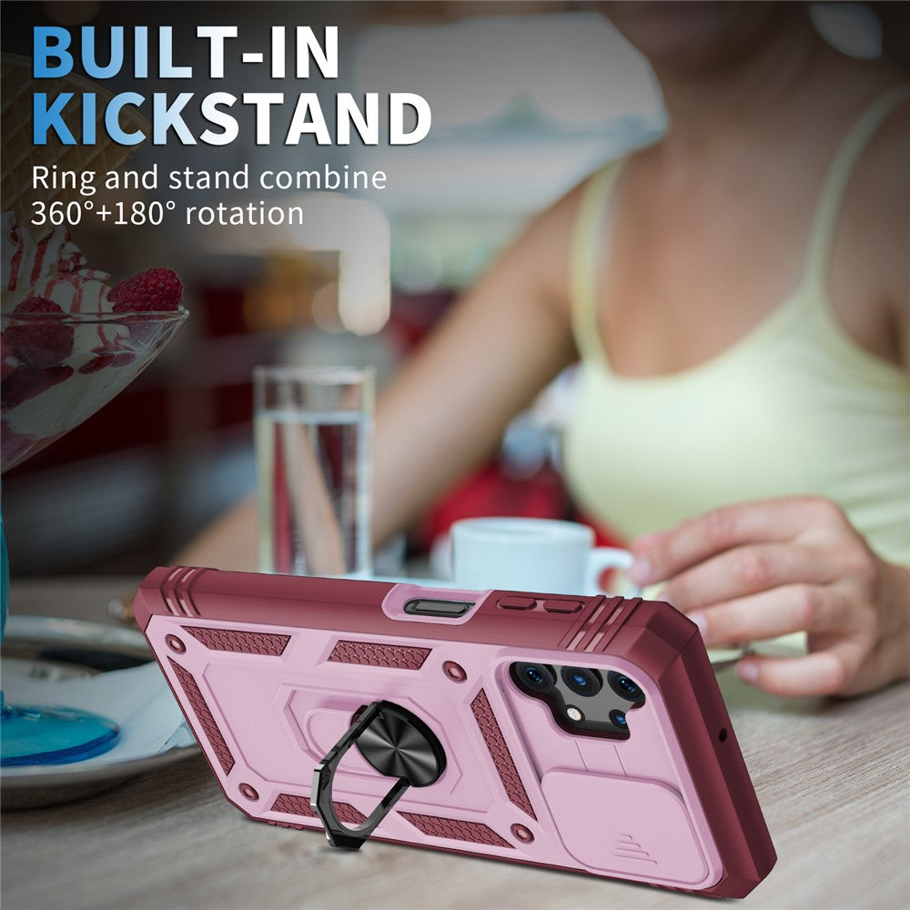 Slide Camera Protector PC + TPU Phone Case Shell with Kickstand and Card Slot for Samsung Galaxy A32 5G/M32 5G - Pink/Red
