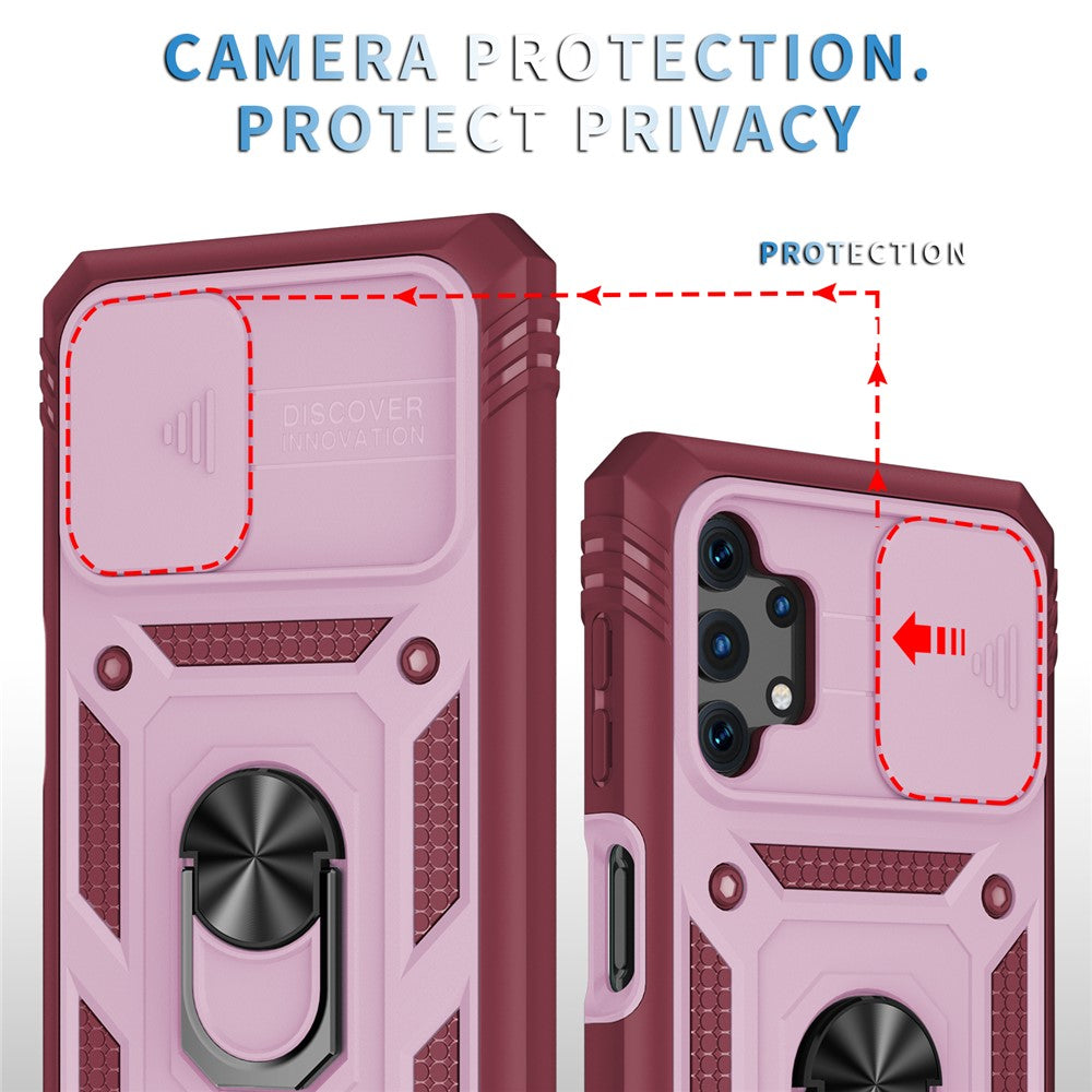 Slide Camera Protector PC + TPU Phone Case Shell with Kickstand and Card Slot for Samsung Galaxy A32 5G/M32 5G - Pink/Red