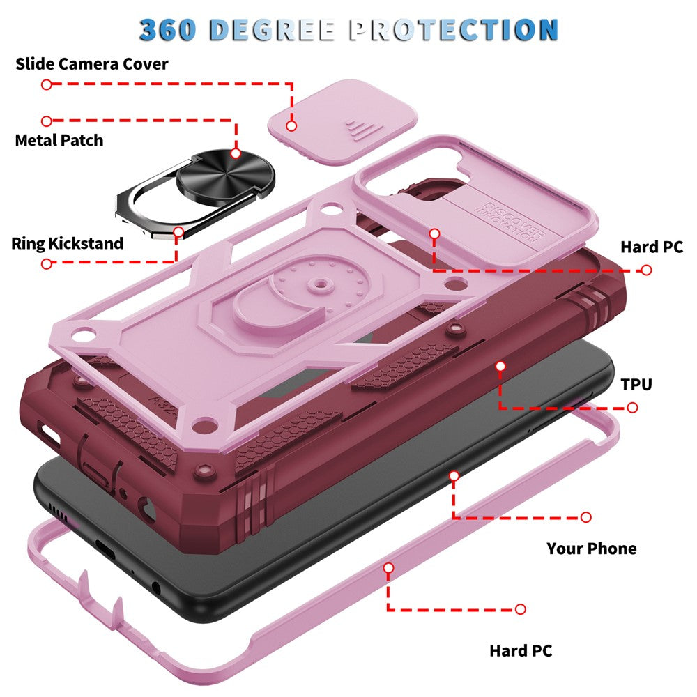 Slide Camera Protector PC + TPU Phone Case Shell with Kickstand and Card Slot for Samsung Galaxy A32 5G/M32 5G - Pink/Red