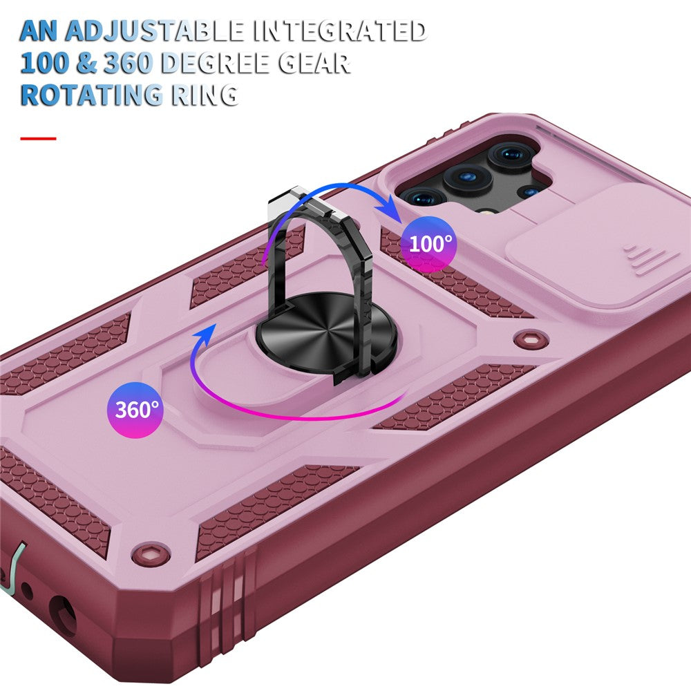 Slide Camera Protector PC + TPU Phone Case Shell with Kickstand and Card Slot for Samsung Galaxy A32 5G/M32 5G - Pink/Red