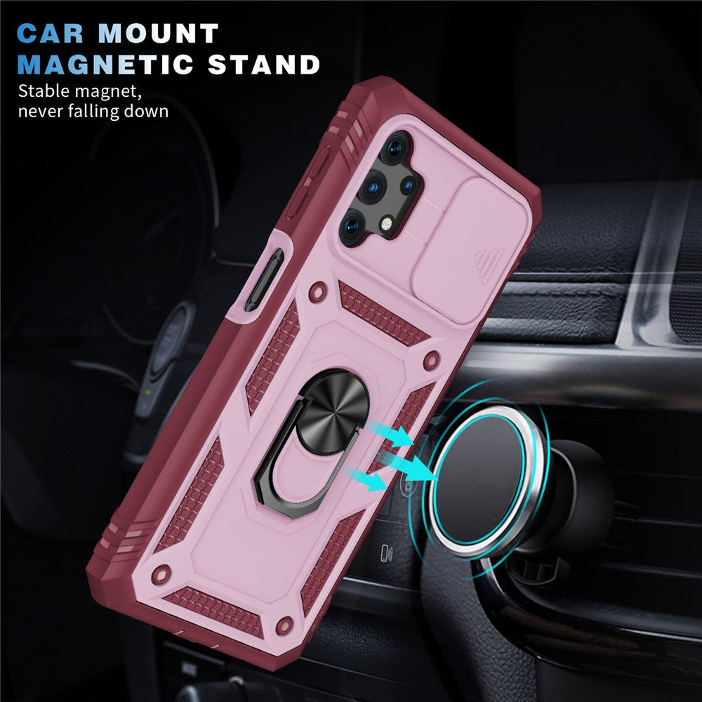 Slide Camera Protector PC + TPU Phone Case Shell with Kickstand and Card Slot for Samsung Galaxy A32 5G/M32 5G - Pink/Red