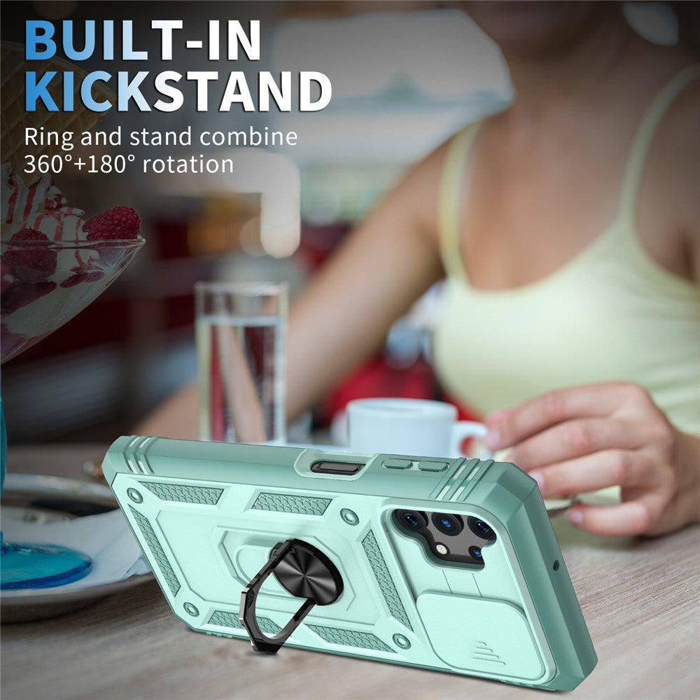 Slide Camera Protector PC + TPU Phone Case Shell with Kickstand and Card Slot for Samsung Galaxy A32 5G/M32 5G - Green