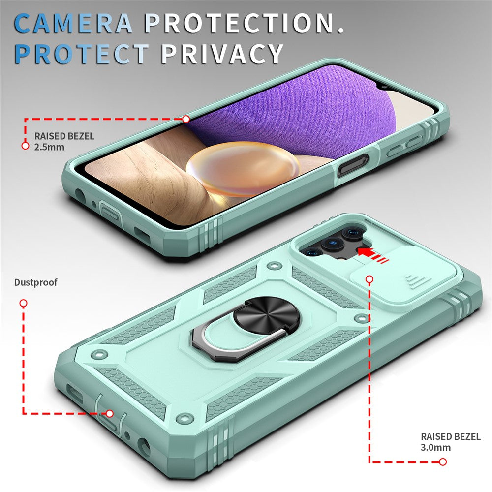 Slide Camera Protector PC + TPU Phone Case Shell with Kickstand and Card Slot for Samsung Galaxy A32 5G/M32 5G - Green