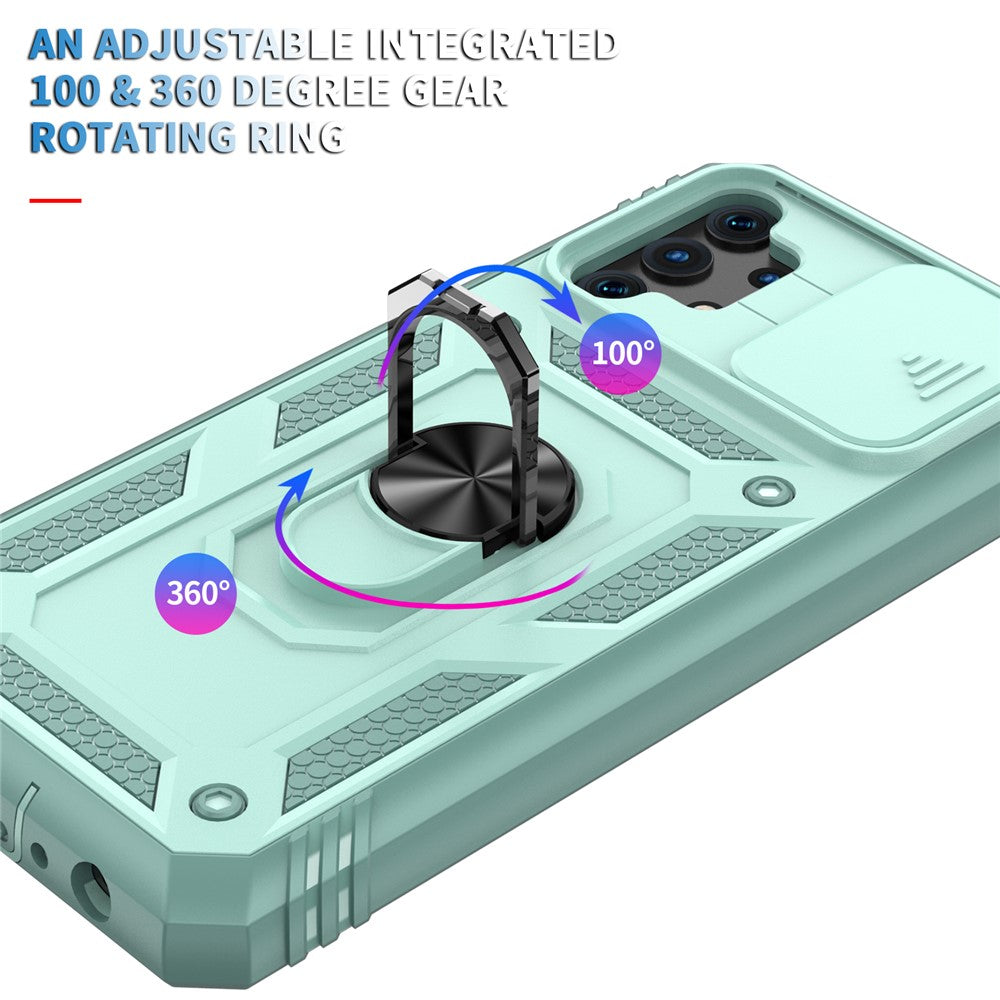 Slide Camera Protector PC + TPU Phone Case Shell with Kickstand and Card Slot for Samsung Galaxy A32 5G/M32 5G - Green