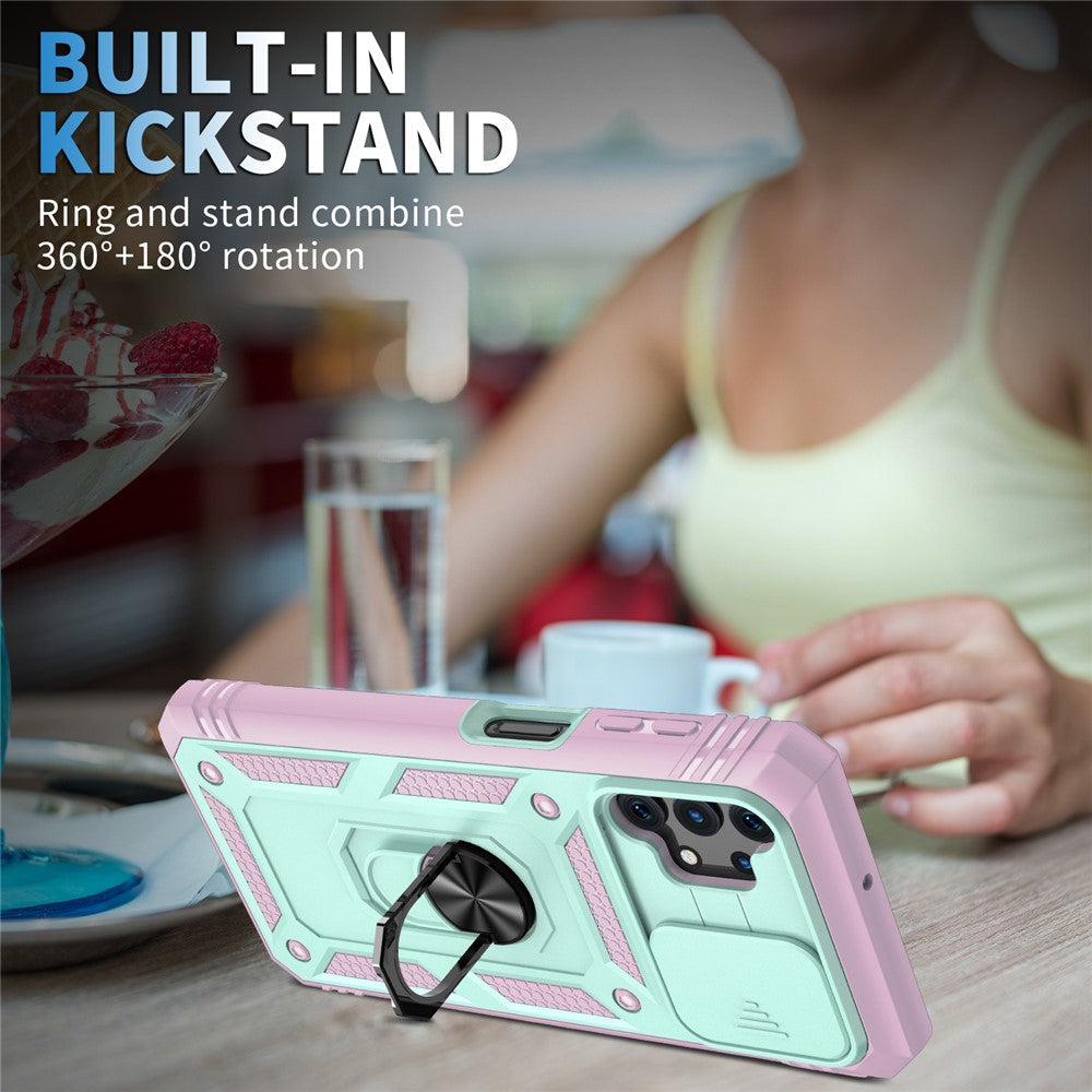 Slide Camera Protector PC + TPU Phone Case Shell with Kickstand and Card Slot for Samsung Galaxy A32 5G/M32 5G - Green/Pink