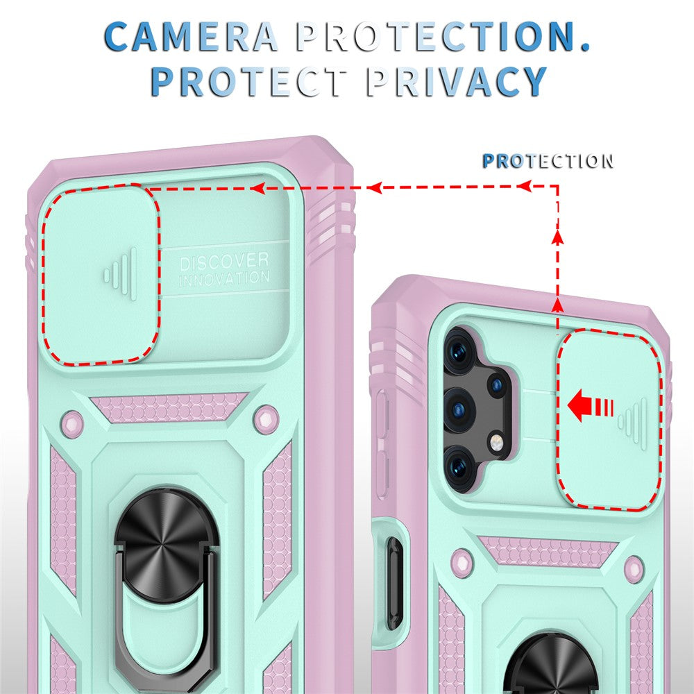 Slide Camera Protector PC + TPU Phone Case Shell with Kickstand and Card Slot for Samsung Galaxy A32 5G/M32 5G - Green/Pink