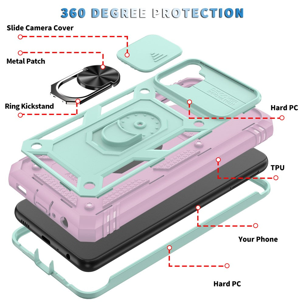 Slide Camera Protector PC + TPU Phone Case Shell with Kickstand and Card Slot for Samsung Galaxy A32 5G/M32 5G - Green/Pink