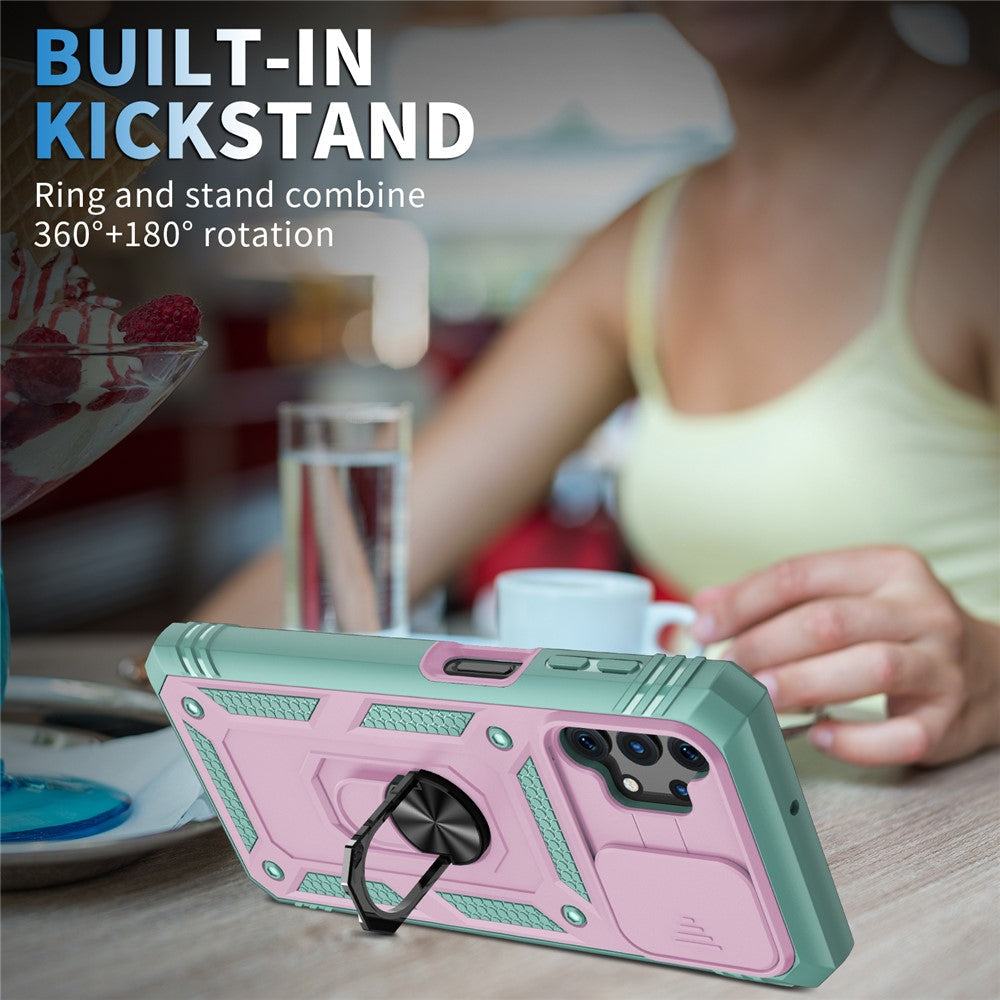 Slide Camera Protector PC + TPU Phone Case Shell with Kickstand and Card Slot for Samsung Galaxy A32 5G/M32 5G - Pink/Green