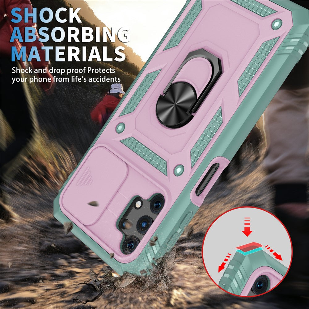 Slide Camera Protector PC + TPU Phone Case Shell with Kickstand and Card Slot for Samsung Galaxy A32 5G/M32 5G - Pink/Green