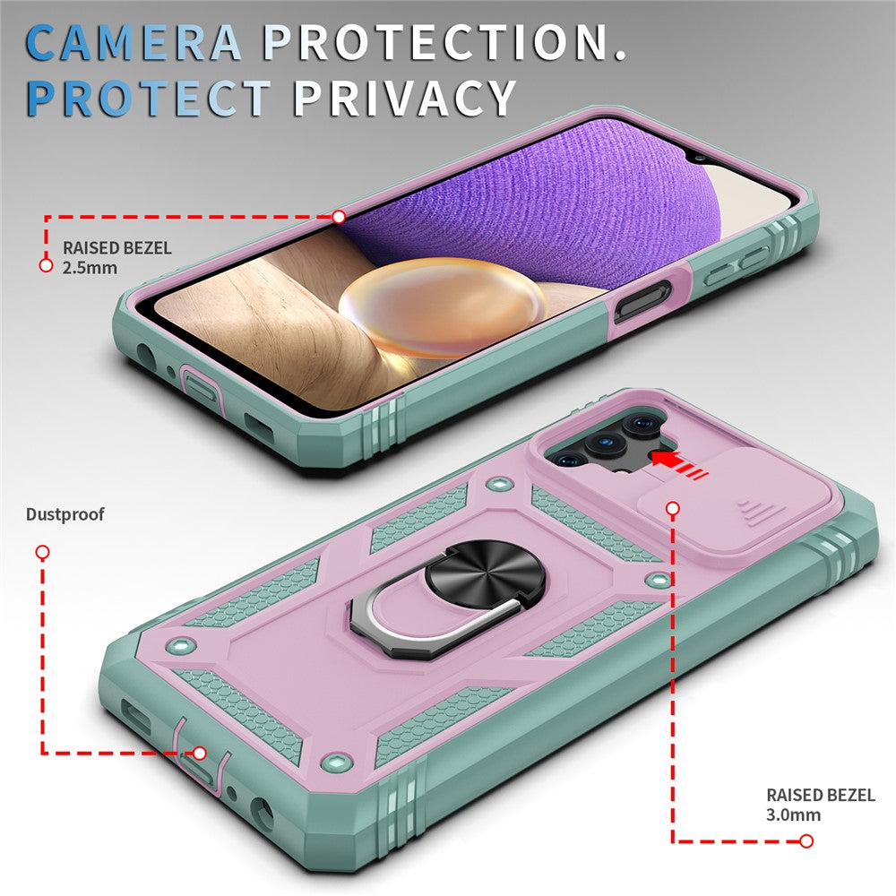 Slide Camera Protector PC + TPU Phone Case Shell with Kickstand and Card Slot for Samsung Galaxy A32 5G/M32 5G - Pink/Green