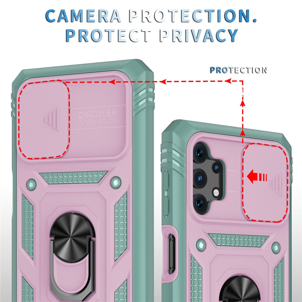 Slide Camera Protector PC + TPU Phone Case Shell with Kickstand and Card Slot for Samsung Galaxy A32 5G/M32 5G - Pink/Green