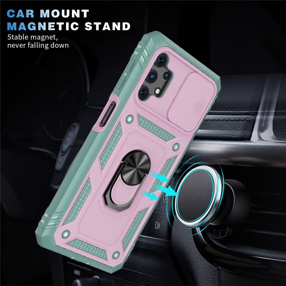 Slide Camera Protector PC + TPU Phone Case Shell with Kickstand and Card Slot for Samsung Galaxy A32 5G/M32 5G - Pink/Green