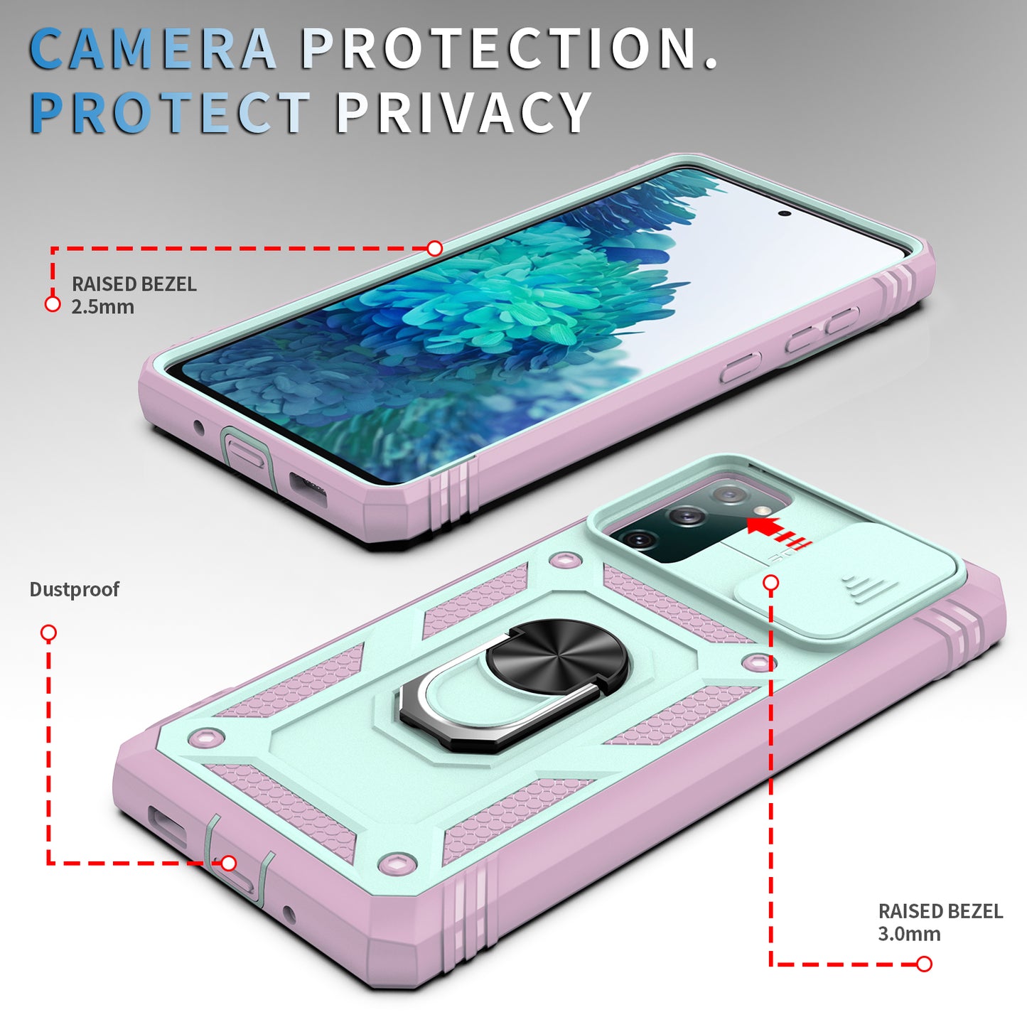 Camera Slider Design 3-in-1 TPU + PC + Metal Phone Cover Case for Samsung Galaxy S20 FE 2022/S20 FE 4G/S20 FE 5G/S20 Lite - Green/Pink