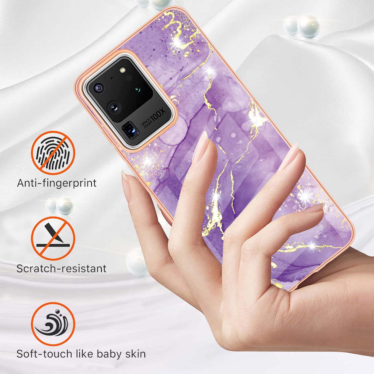IMD IML Electroplating Marble Pattern Soft TPU Back Case Cover for Samsung Galaxy S20 Ultra - Purple 002