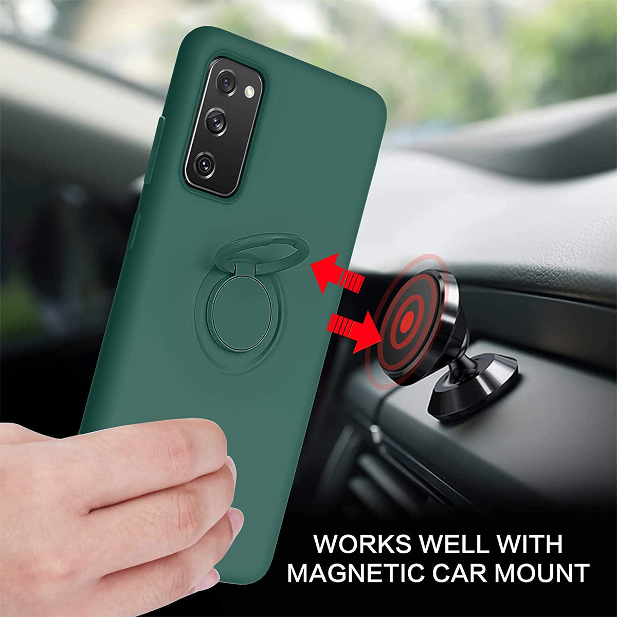 Finger Ring Kickstand Design Liquid Silicone Easy-Clean Phone Protective Case Cover with Hand Strap for Samsung Galaxy S20 FE/S20 FE 5G/S20 Lite - Blackish Green