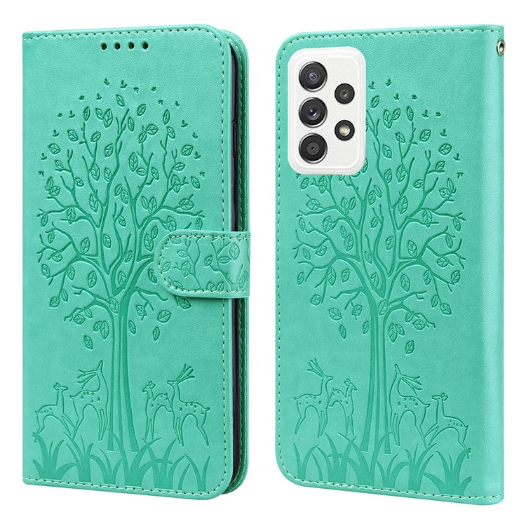 Tree and Deer Imprinted Leather Wallet Stand Phone Case with Double-sided Magnetic Clasp for Samsung Galaxy A52 5G/A52 4G/A52s 5G - Green