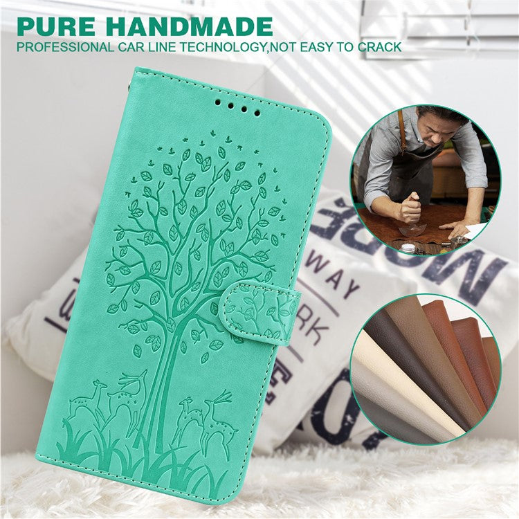 Tree and Deer Imprinted Leather Wallet Stand Phone Case with Double-sided Magnetic Clasp for Samsung Galaxy A52 5G/A52 4G/A52s 5G - Green