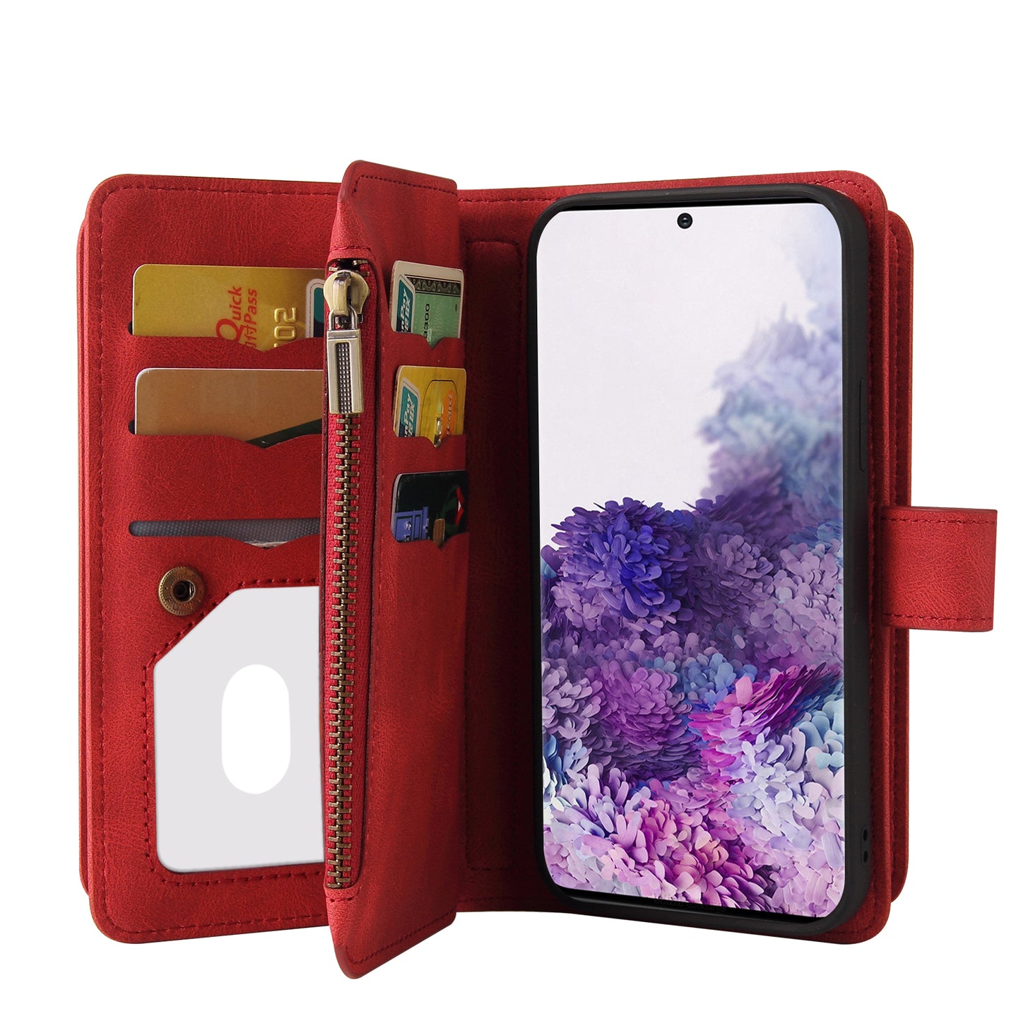KT Multi-functional Series-2 PU Leather Flip Phone Case for Samsung Galaxy S20 Plus 4G/5G, Skin-touch Feel Drop Protection Cover with Zipper Pocket and Multiple Card Slots - Red