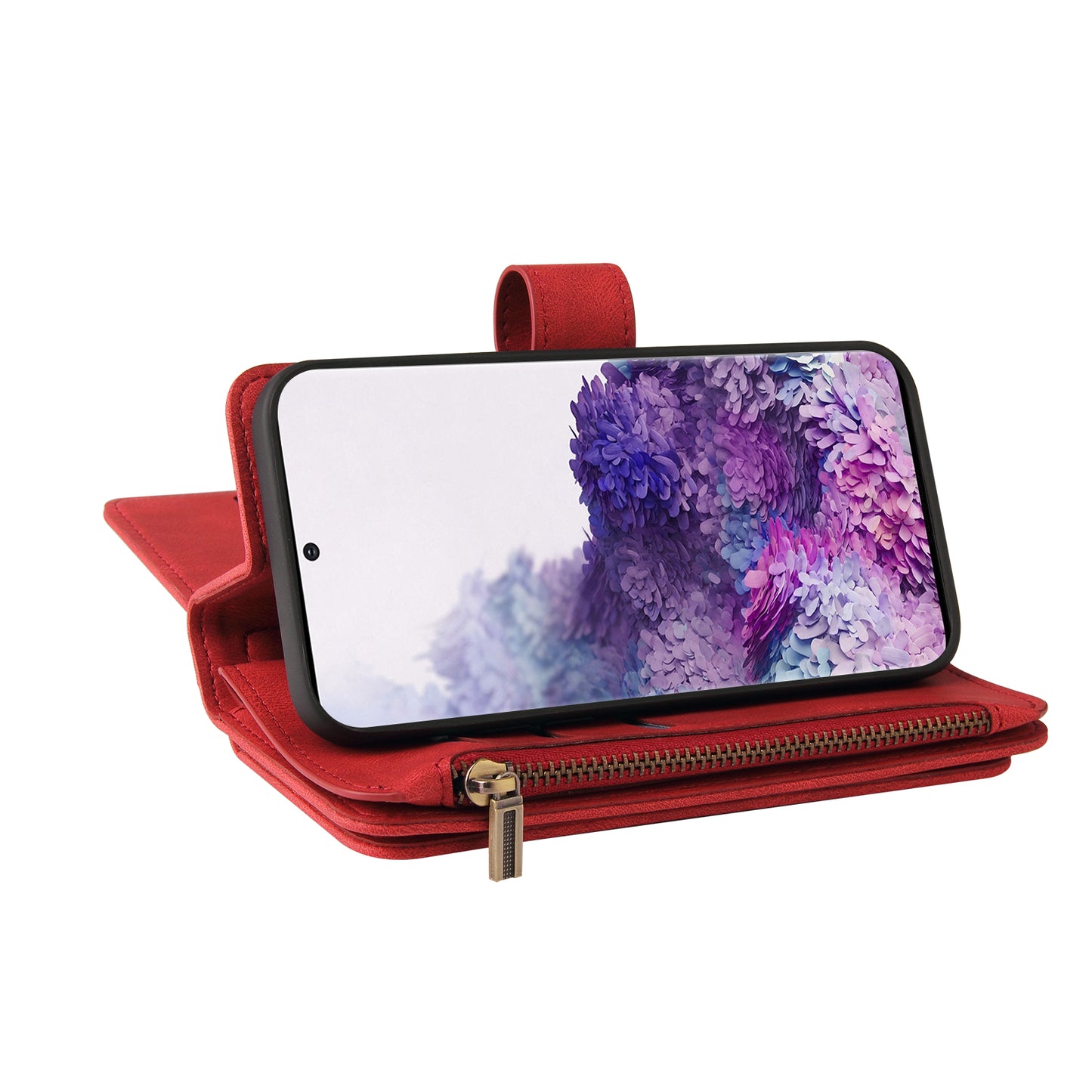 KT Multi-functional Series-2 PU Leather Flip Phone Case for Samsung Galaxy S20 Plus 4G/5G, Skin-touch Feel Drop Protection Cover with Zipper Pocket and Multiple Card Slots - Red