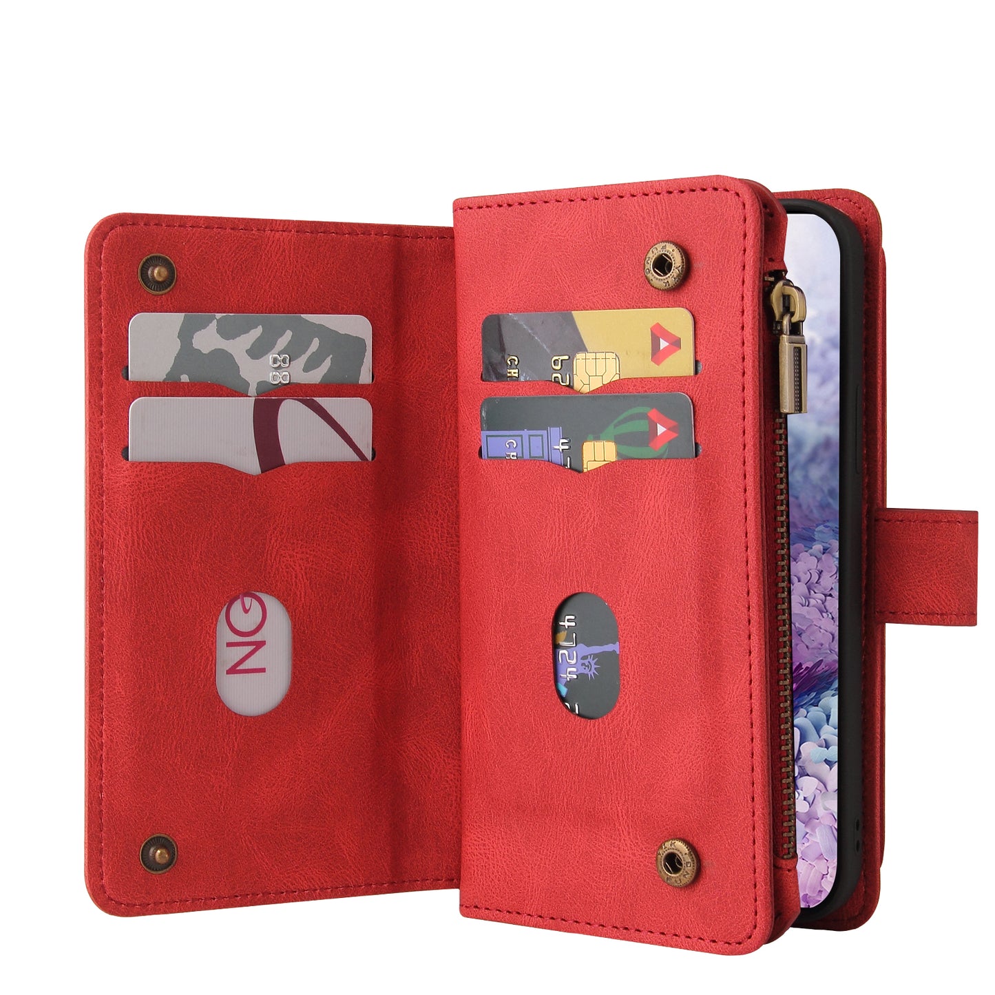 KT Multi-functional Series-2 PU Leather Flip Phone Case for Samsung Galaxy S20 Plus 4G/5G, Skin-touch Feel Drop Protection Cover with Zipper Pocket and Multiple Card Slots - Red