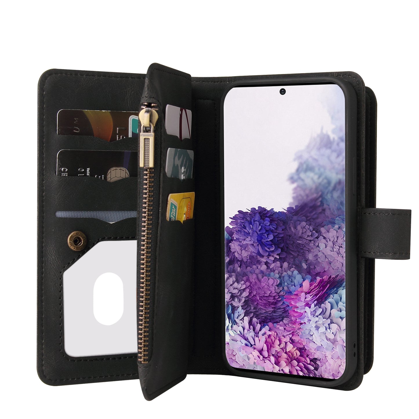 KT Multi-functional Series-2 PU Leather Flip Phone Case for Samsung Galaxy S20 Plus 4G/5G, Skin-touch Feel Drop Protection Cover with Zipper Pocket and Multiple Card Slots - Black