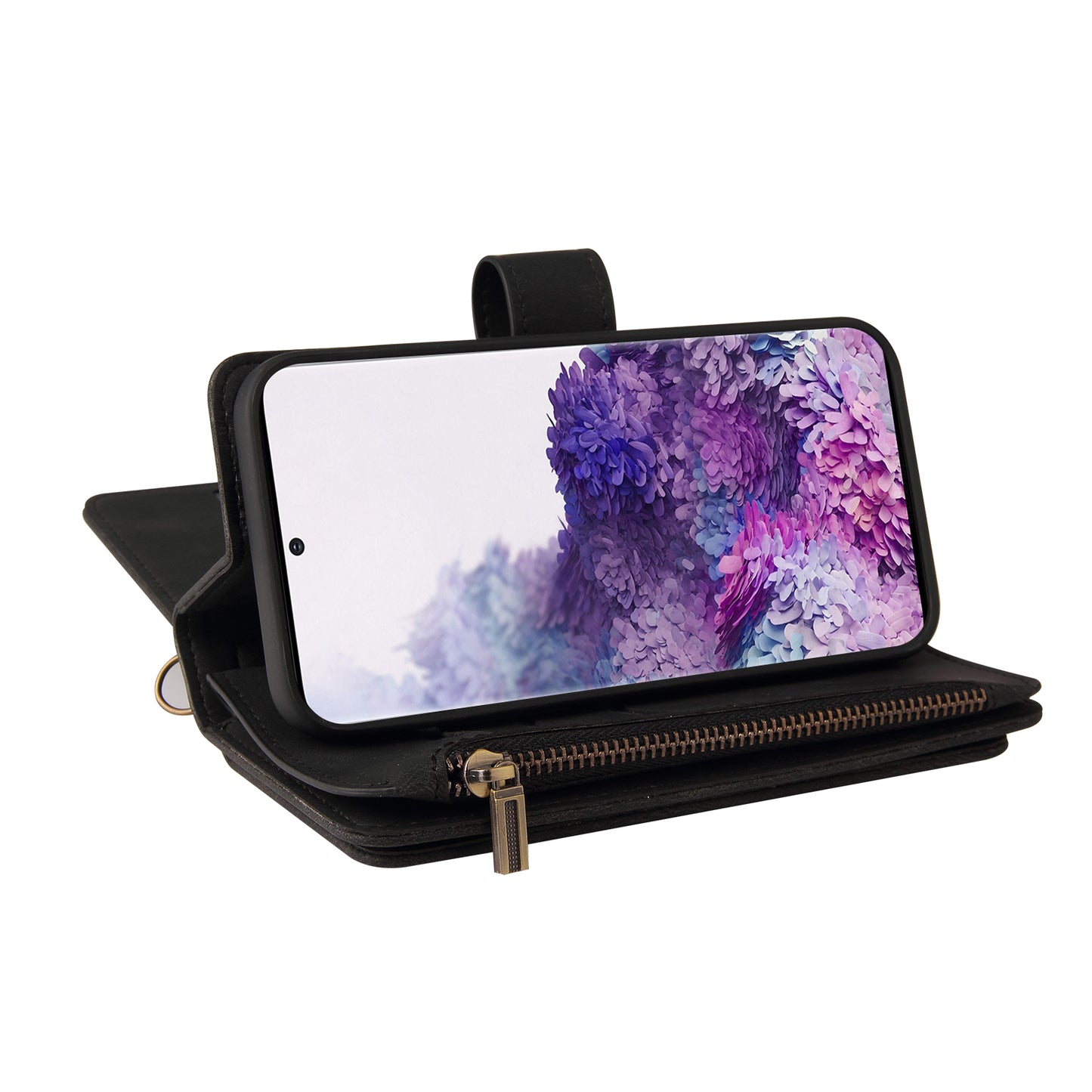 KT Multi-functional Series-2 PU Leather Flip Phone Case for Samsung Galaxy S20 Plus 4G/5G, Skin-touch Feel Drop Protection Cover with Zipper Pocket and Multiple Card Slots - Black