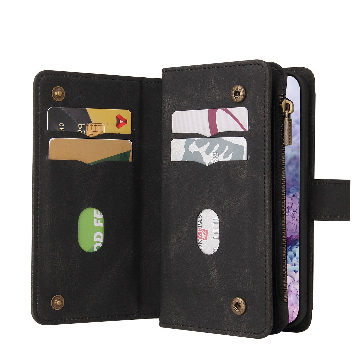 KT Multi-functional Series-2 PU Leather Flip Phone Case for Samsung Galaxy S20 Plus 4G/5G, Skin-touch Feel Drop Protection Cover with Zipper Pocket and Multiple Card Slots - Black